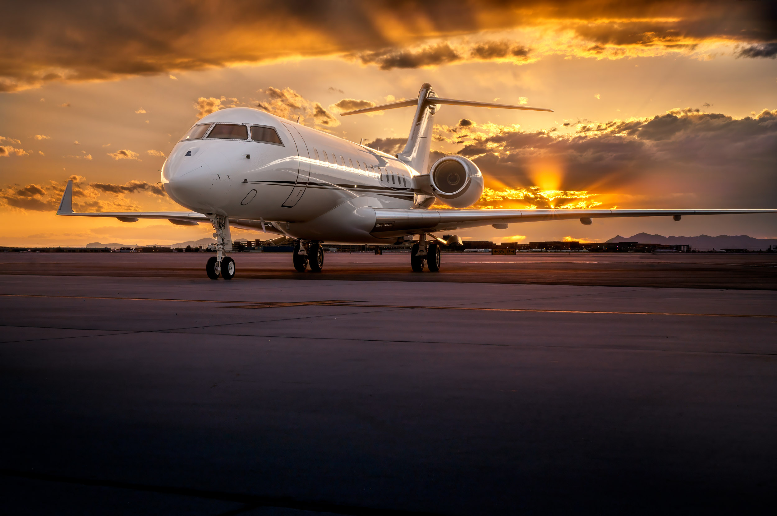 Private jet exterior twilight photography